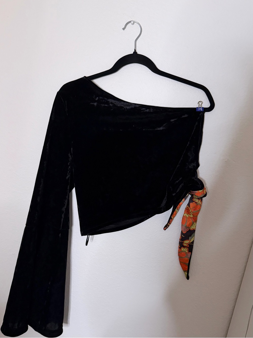 Free People Black Velvet One-Shoulder Wrap Top with Patterned Tie
